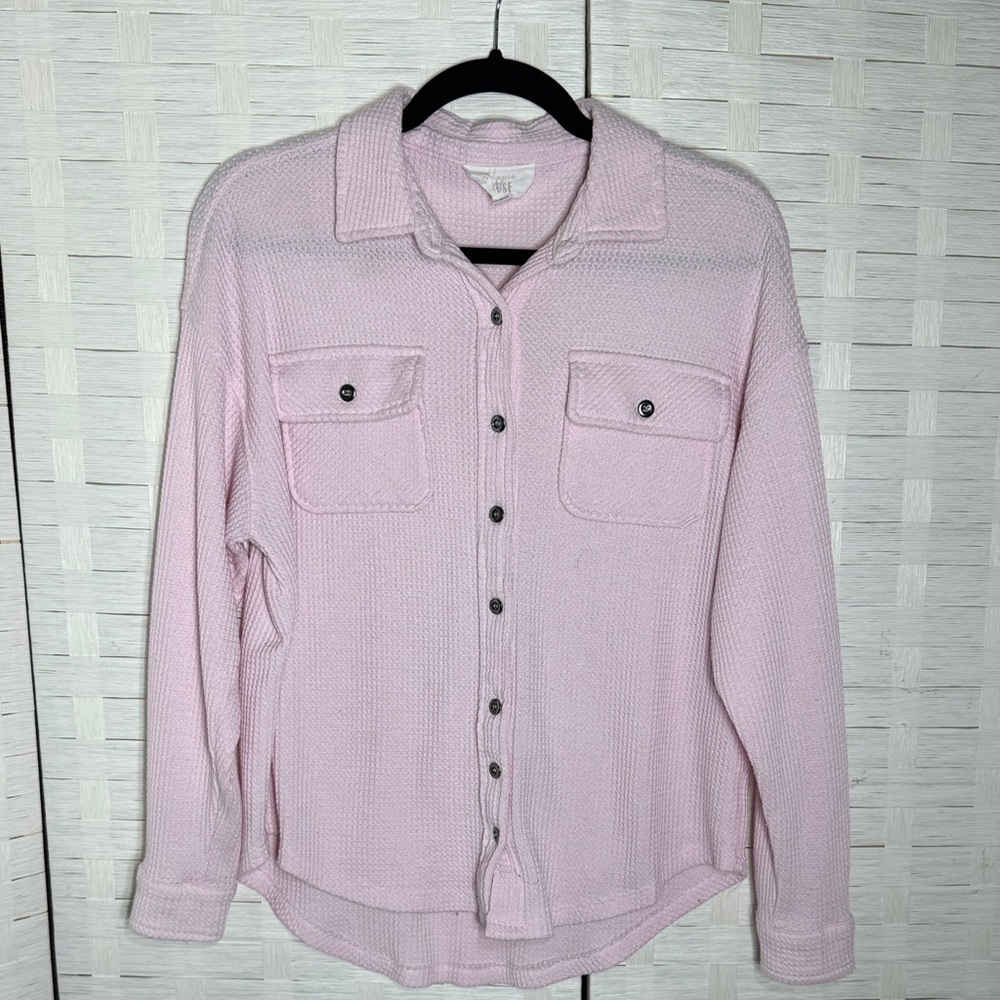 Hippie Rose Pink Waffle Knit Button Down Shirt Relaxed Fit Size Small